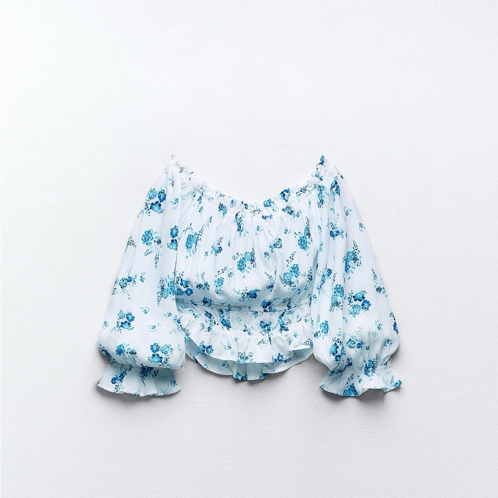 Zara White and Blue Floral Off-the-shoulder Crop Top